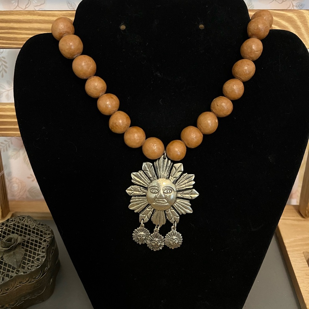 Vintage boho wood bead and sun pendant necklace